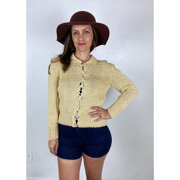 vintage 80s Beige PUFF SLEEVE Collared CARDIGAN S/Md sweater peasant Oktoberfest - Picture 8 of 10